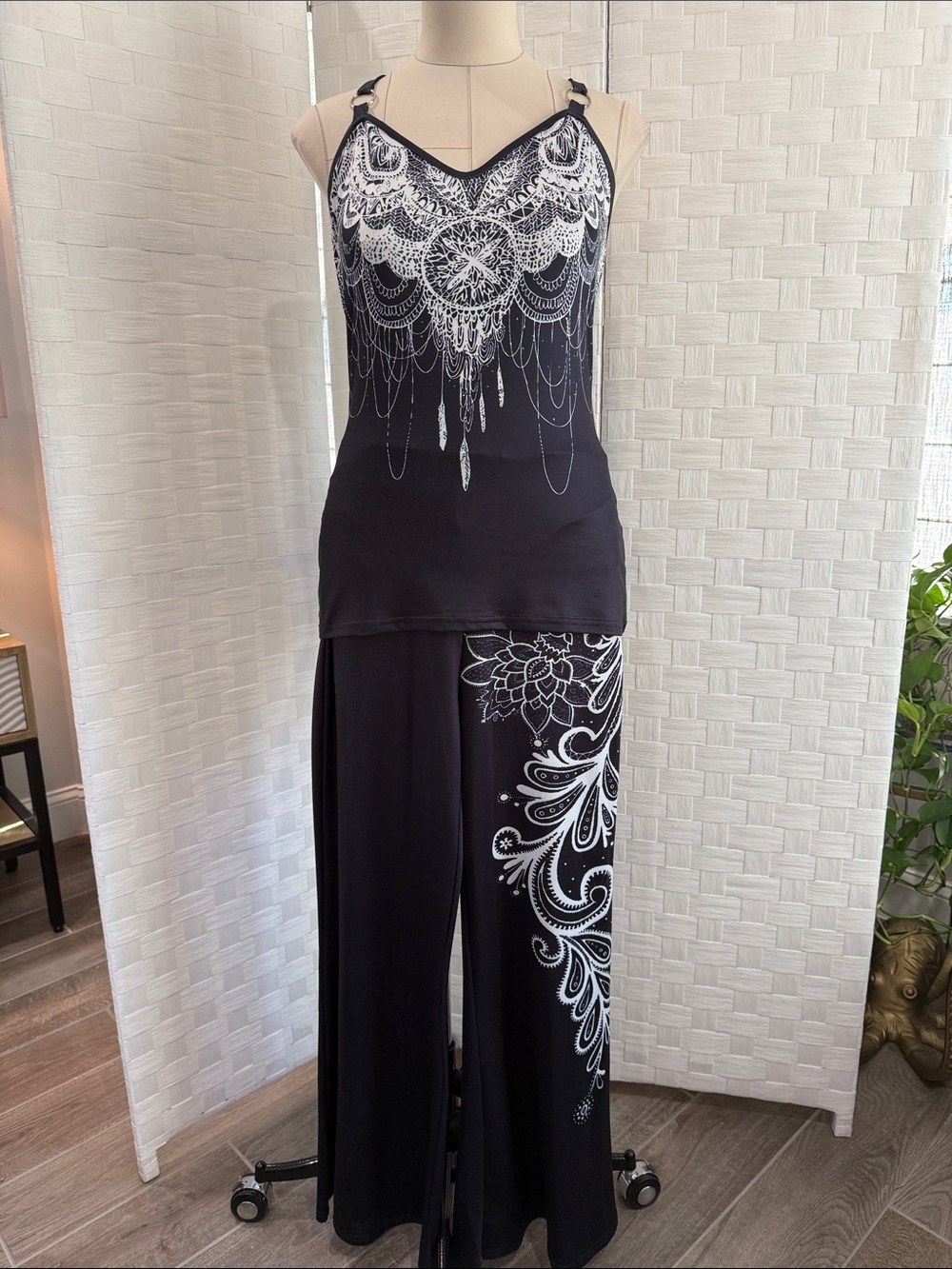 Black Two-Piece Set with White Henna-Inspired Print